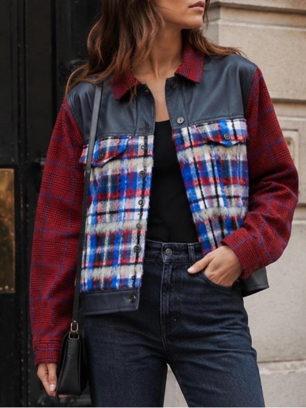 Desigual Ingrid Trucker Jacket US L Plush Tartan Faux Leather Trim Blue